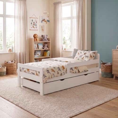 Junior Vida Taurus Toddler Bed Frame | White | Solid Pine Wood | 57 H x 75 W x 144 D cm | Guard Rails | Space-Saving | Includes Underbed Storage Drawers | Slatted Panels | Children Bedroom Furniture