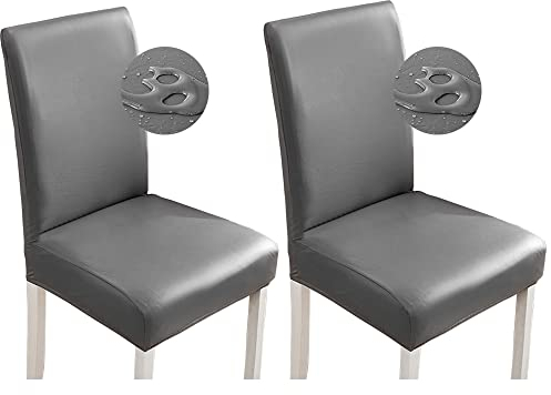 Bestenrose Stuhlhussen 2er/1er PU Leder Stuhlbezug wasserdichte Stretch Esszimmer Stuhlüberzug Stretch Stuhl Husse Universell Stuhlhussen Haus Büro Restaurant (2-Stück, Grau)