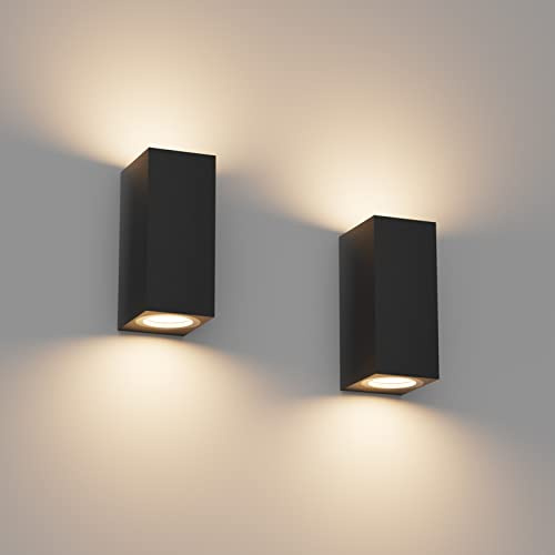 Klighten 2 Stück GU10 Außenwandleuchte Schwarz außenlampe, ohne Glühbirne | Up Down Wandleuchte Aussen/Innen, IP65 aussenlampe wand, Aluminium Eckig Außenlampe, außenbeleuchtung haus eingangsbereich