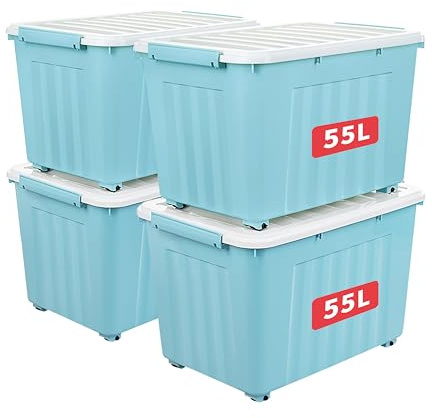Cetomo 55L*4 Cajas de Almacenamiento con Tapas, Contenedores de Plástico con Ruedas, Clip On, Apilables, Encajables, Organizador Rayado para Oficina en Casa, Azul, 55L-4 Pack