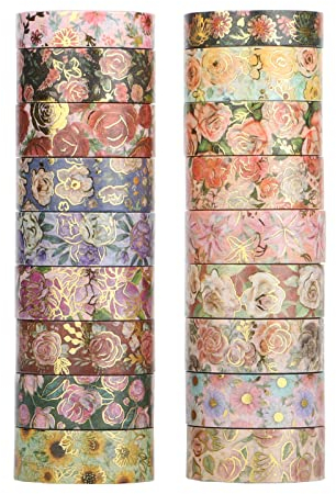 Grekywin 18 Rollen Floral Washi Tape Set, 10/15 mm breit, buntes Blumen Muster Goldfolie Druck, chinesischer Stil Masking Tape Dekor für Scrapbook, Bullet Journal, Geschenkverpackung (3 m)