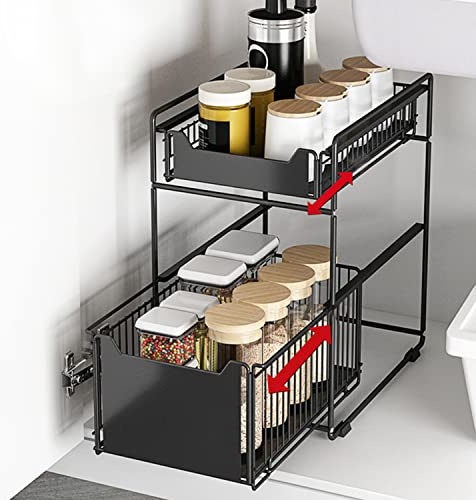 MINGYI Rangement Sous Évier à 2 Niveaux, Panier de Rangement Coulissant, Étagères à Épices Coulissante, Étagère Rangement pour Cuisine, Bureau, Salle de bain, 37,4×26,5×44 cm (Noir-1 pc)