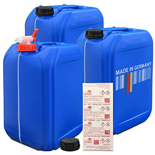 plasteo® 3 bidones de agua para bebidas de 25 litros con 1 grifo y 3 tapas de rosca (DIN 61) + 1 x 10 pastillas de tratamiento de agua, apto para alimentos, sin BPA, portátil, interior y exterior,