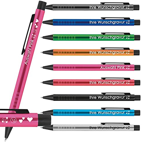 100x Kugelschreiber mit Gravur | Emoji Gravur möglich | Werbekugelschreiber personalisiert | Blau schreibende Mine | Extravagante Griffzone | Metall Druckkugelschreiber mit Wunschgravur (Pink)