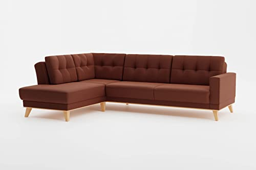 CAVADORE Ecksofa Lima mit Ottomane / Couch in L-Form mit Schlaffunktion + Bettkasten / Holzrahmen + Steppung im Rücken / Strukturstoff, Rot-Braun
