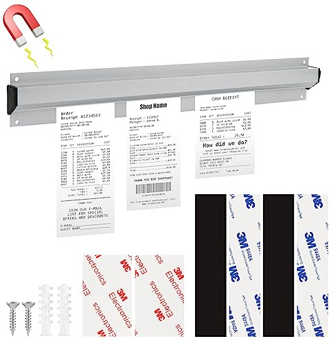 Homakover 16 Inch Restaurant Receipt Holder with Ticket Rack Magnetic Note, Silver Kitchen Slide Check Rack, Bill Orders Ticket Holder Tab Aluminum Display Rail for Restaurant Cafes Pubs Bars