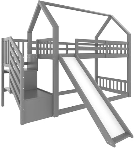 Azkoeesy Letto a castello 90 x 200 cm, con scale di sicurezza e scivolo, a forma di casa, per bambini e ragazzi, legno di pino, Grigio