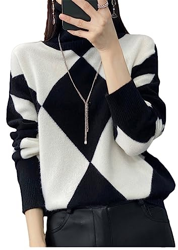 Youllyuu Maglione Dolcevita 100% Lana Maglione Pullover Lavorato a Maglia in Cashmere da Donna Maglione a rombo Black XXL