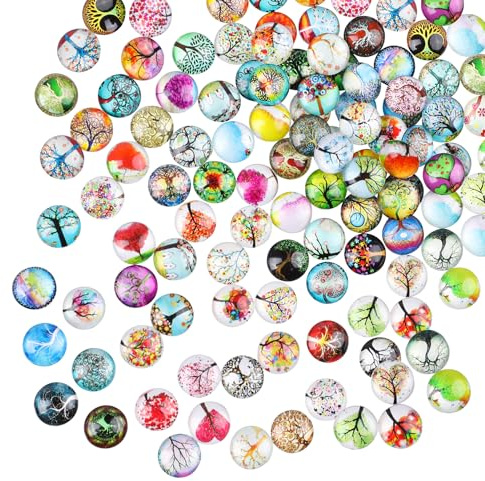 JOFONY Pack of 100 Lucky Stone Colourful Glass Stones, 12 mm Mixed Colour Muggle Stones, Round Tree of Life Glass Cabochons for DIY Craft Jewellery Making Home Decoration