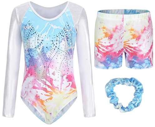 Happy Cherry Turnanzug Mädchen mit Hose Kinder Gymnastik Training Dancewear Gymnastikbody Tanzbody mit Strass Klassisch Langarm Gymnastikanzug 9-10 Jahre
