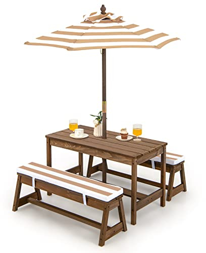 COSTWAY Kindersitzgruppe, Kinder Picknicktisch mit Bänke, Kissen & Sonnenschirm, Kindersitzgarnitur aus Holz, Sitzgarnitur, Sitzgruppe Outdoor, Gartenmöbel für Garten, Hinterhof, Terrasse (Hellbraun)