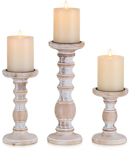 Inweder Holz-Kerzenhalter für Stumpenkerzen: 3 Stück Rustikale Stumpenkerzenhalter Distressed Weiße Bauernhof Großer Kerzenständer für Heimdekoration Kamintisch Weihnachten Herbstdeko