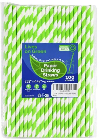 Lives on Green 19,7 x 0,6 cm engångssugrör av papper, grön/vit randig, 100 stycken – biologiskt och komposterbart