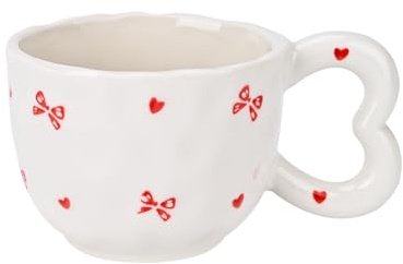 Koythin Tasse à café en céramique, jolie tasse créative avec poignée en forme de cœur pour bureau et maison, passe au lave-vaisselle et au micro-ondes, 300 ml pour thé, lait, latte (nœud rose)