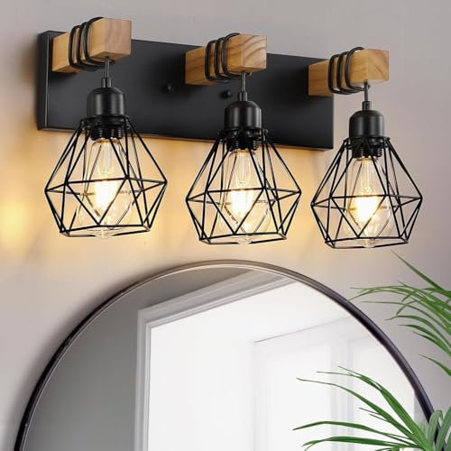 AoLa E27 Retro Wandlampe Vintage 3 Flamme Industrielle Wandleuchte Holz Einstellbar Lampenkopf Antik Deko Design Wandbeleuchtung Rustikal für Wohnzimmer Schlafzimmer Korridor Esszimmer
