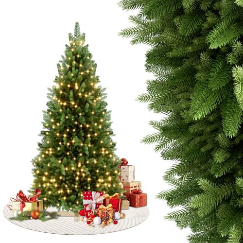FIVMEN Árbol de Navidad artificial con iluminación, 180 cm, de PVC/PE, color verde, con base de madera, árboles de Navidad fieles a la naturaleza, decoración navideña