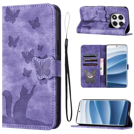 LSPCASA Fällbart fodral för Xiaomi Redmi Note 14 Pro 6,67 tum stativfunktion Redmi Note 14 Pro-fodral med kortfack Xiaomi Redmi Note 14 Pro fodral med katt fjärilsmönster läderfodral, lila