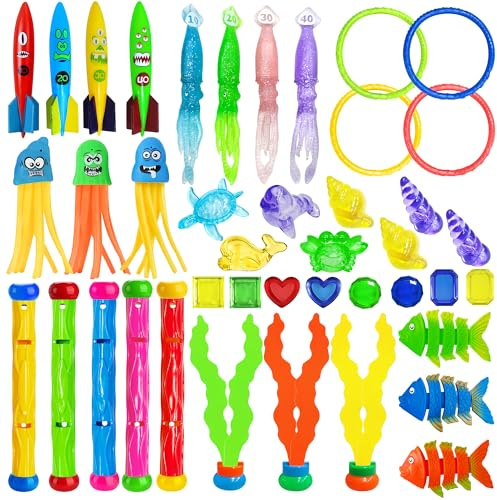 YORFULL Juguetes de Buceo Niños, 42 Piezas, Juguetes de Piscina Subacuáticos con Anillos de Buceo, Torpedos y Algas para Niños de 5 a 12 Años, Juego de Juguetes de Buceo con Bolsa de Almacenamiento