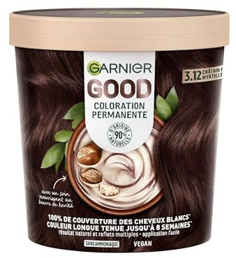 Garnier - Tintado permanente, sin amoniaco, 90 % de ingredientes naturales, manteca de karité, cobertura 100 % para cabello blanco - GOOD marrón oscuro baya 3.12