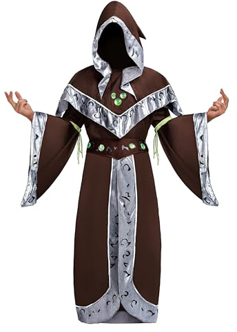 Spooktacular Creations Disfraz de mago de Halloween, disfraz de mago marrón para hombre, disfraz de hechicero adulto para fiesta de disfraces de Halloween, cosplay, juego de rol (pequeño)