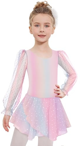 Arshiner Kinder Ballettkleidung Mädchen Tanzkleid Regenbogen Ballettkleid Mesh Langarm Balletttrikot Baumwolle Ballettanzug Ballett Leotard mit Chiffon Tütü 130/4-5 Jahre