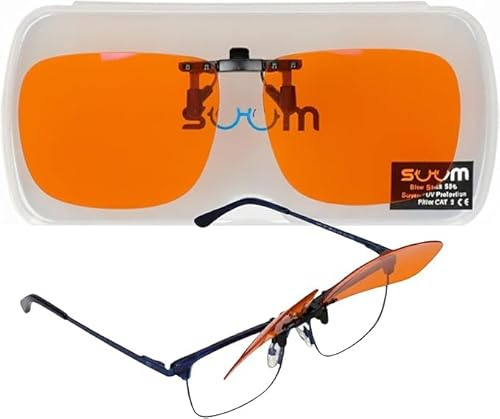 SUUM Clip-On de Pinza Abatible Filtro Luz Azul para Gafas Graduadas - Lentes Naranja Antifatiga para Pantallas y Lectura - Clip Luz Azul para Gaming y Trabajo con Visión Dual (Clip-on Pinza Abatible)