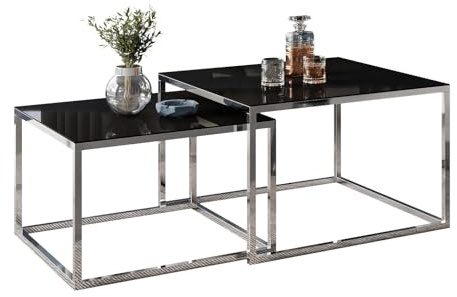 Lookway Couchtisch Yoshi 2in1 Glass mit Chromgestell & Glasplatte | Quadratische Tische 60x60 & 70x70 cm | Moderner Wohnzimmertisch (Schwarzes Glass, 35 cm / 41 cm)