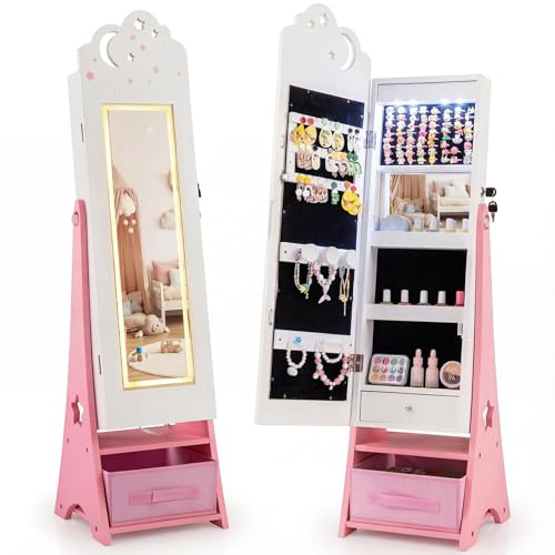 FANTASK Armario para joyas para niños, armario con espejo con iluminación LED y espejo de cuerpo entero, organizador de joyas inclinable con espejo interior y cajones, para habitación de los niños