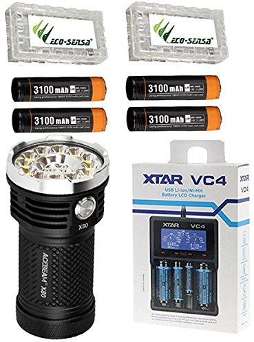 Acebeam X80 CREE XPE2-R2 630nm Flashlight/Searchlight -25,000Lm w/4x 3100mAh 18650 Batteries, VC4 Charger, & 2x Free Eco-Sensa Battery Cases