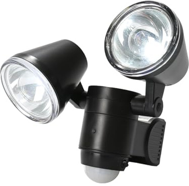 Festive Lights - 20cm Outdoor Twin Head Battery Operated Spot Light – PIR Motion Sensor, 350 Lumen, IP44 Weatherproof with Adjustable Beam & Timer – White LED Security for Garden, Doorways & Sheds