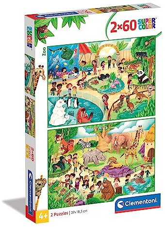 Clementoni 21603 Supercolor Zoo – Puzzle 2 x 60 Teile ab 5 Jahren, buntes Kinderpuzzle mit besonderer Leuchtkraft & Farbintensität, Geschicklichkeitsspiel für Kinder