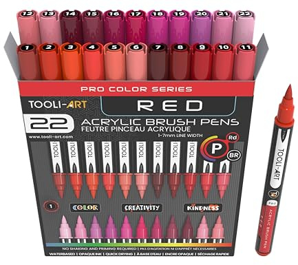 Set Mit 22 Acryl Markern Mit Flexibler Pinselspitze 1–7 Mm Für Stein, Lettering, Glas, Tassen, Holz, Metall, Leinwand, Stoff, Kunststoff. Ungiftig, Wasserbasiert, Schnell Trocknend, Rottöne.
