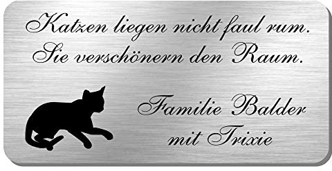 Edelstahl Türschild Klingelschild Namensschild mit Katzenmotiv und individueller Laser-Gravur in vielen Schriftarten, Größe ca. 100 mm x 50 mm * Modell Trixie