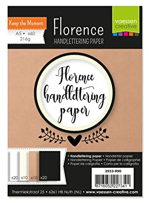 Vaessen Creative Florence Glattes Handlettering Papier, In den Farben Weiß, Elfenbein, Kraft Braun und Schwarz, 216 g/m², 60 Stück, DIN A5, für Aquarellmalerei, Handlettering, und andere mehr