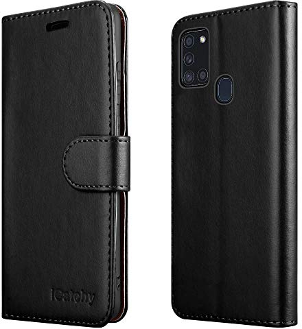iCatchy For Samsung Galaxy A21s Case Leather Wallet Book Flip Folio Stand View Cover compatible with Samsung Galaxy A21s (6.5) Phone Case (Black)