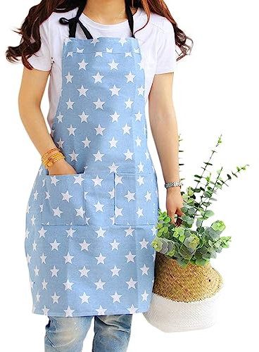 VEGCOO Women Cotton Cloth Apron with Pockets, Adjustable Cooking Aprons Kitchen Bib Apron for Kitchen Cooking Baking Household Cleaning (D)