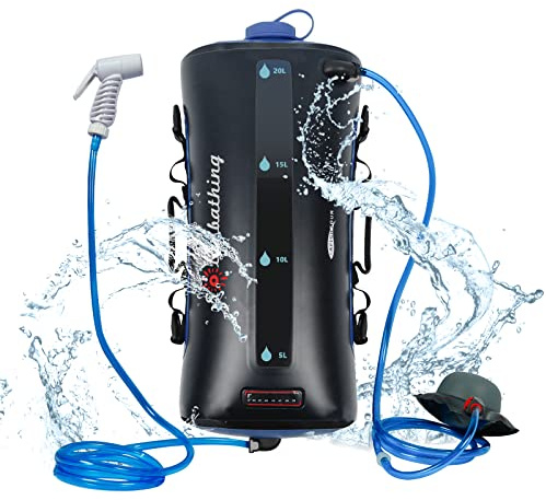 AFISHTOUR Tragbare Camping-Duschtasche, 20 l, wasserdichte Solar-Duschtasche mit Druckfußpumpe und Duschdüse für Strand, Camping, Schwimmen, Reisen, Wandern