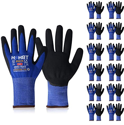 HPHST Guanti da lavoro in nitrile SF001TS, tecnologia in micro schiuma e fodera in spandex rivestito in nitrile, approvati CE, design ergonomico, Smart Touch, sottili lavabili in lavatrice (S, blu, 12