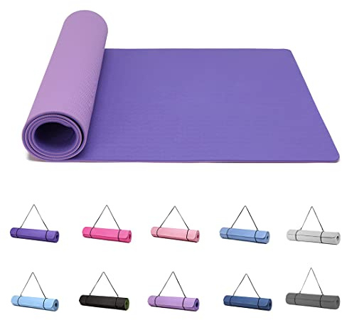 Good Nite yogamatta träningsmattor träning pilates fitnessmatta för kvinnor män halkfri tjock 6 mm högdensitet gymnastikmattor med bärrem Tpe 183 x 61 x 0,6 cm (mörklila/ljuslila)