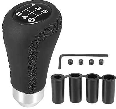 X AUTOHAUX Auto Schaltknauf 5 Gang Schwarz 1 Stk Universell Aus PU Leder | Metall, 5,5x5x9cm, Lochdurchmesser 17mm, Adapter 8/10/12/14mm, Gewinde M5x0,8, Ergonomisches Design, Direkter Ersatz