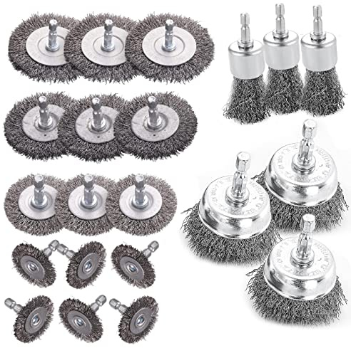 Double Elite Wire Brush for Drill Set 21 Pcs, Abrasive Wire Wheel for Drill 1/4 Inch Hex Shank, Drill Wire Brush Coarse Crimped Carbon Steel, Wire Brush Drill Attachments