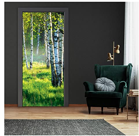 Türtapete Selbstklebend Birkenwald Wald grün Natur - 91x211 cm einteilig - Türposter Fototapete für Tür Wohnzimmer Küche Badezimmer Türaufkleber Türfolie UV-Beständig Montagefertig