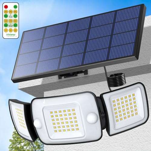 intelamp Solar Security Flood Lights Outdoor Motion Sensor with Remote Control,Waterproof Outdoor Solar Light with 2.7m Cable for Garden Garage shed