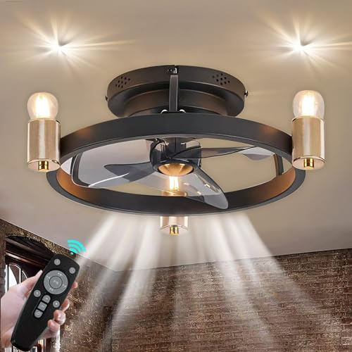 KZT Deckenventilator mit Beleuchtung und Fernbedienung Leise E27 Leuchtmittel Retro Lampe mit Ventilator 6-Gang Reversibler Deckenleuchte mit Ventilator Für Wohnzimmer Esszimmer Schlafzimmer Lampe