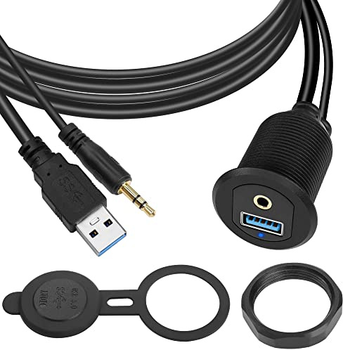 QIANRENON USB3.0 & 3.5mm Audio Threaded Fixed Embedded Car Waterproof Cable 5Gbps TRS 3.5mm & USB3.0 Dashboard Panel Mount Extension Cable, LED Lights, Al Housing, for Car Boat Motorbike,2M/6.5ft