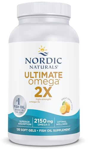Nordic Naturals Ultimate Omega 3 2X, 2150 mg Omega-3-Kapseln mit hoher Stärke, Fischöl-Nahrungsergänzung mit EPA und DHA, 120 Softgels, Zitronengeschmack, sojafrei, glutenfrei, für Herzunterstützung