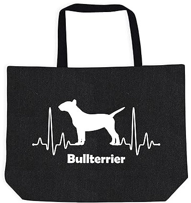 Merchandise for Fans Einkaufstasche Umhängetasche Schultertasche Baumwolltasche Shopper - schwarz - für Schule, Arbeit, Einkauf: Herzschlag EKG Hund Bullterrier 01