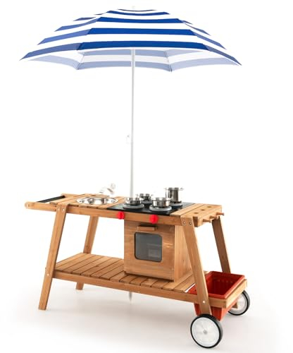 COSTWAY Wooden Mud Kitchen, Outdoor Kitchen Playset with Umbrella, Sink, Storage Cabinet and Accessories, Wheeled Role Pretend Cooking Cart for Kids Toddlers (Natural+Blue)