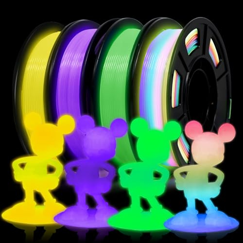 EONO Glow in the Dark Filament 250g*4 Leuchtendes PLA 1,75 mm, 3D Drucker Filament Bunt, Filament Glow in the Dark, 250g*4 Set, Gelb+Lila+Grün+Weiß bis Regenbogen