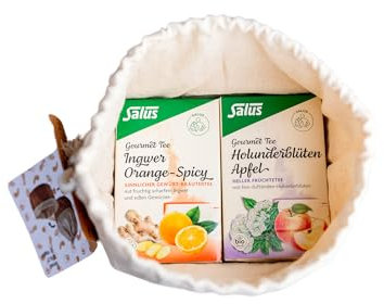Salus - Geschenkset Gourmet Tees - 2 Packungen à 15 Beutel: 1x Tee Ingwer Orange + 1x Tee Holunderblüten Apfel - Früchte- und Gewürztee plus Brotkorb inklusive